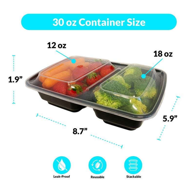 Reli. Meal Prep Containers, 30 oz. (50 Pack) - Black 2 Compartment Food Container with Lid, Microwavable Food Storage | Black Reusable Bento Box/Lunch Box for Meal Prep (30 oz) - Image 3